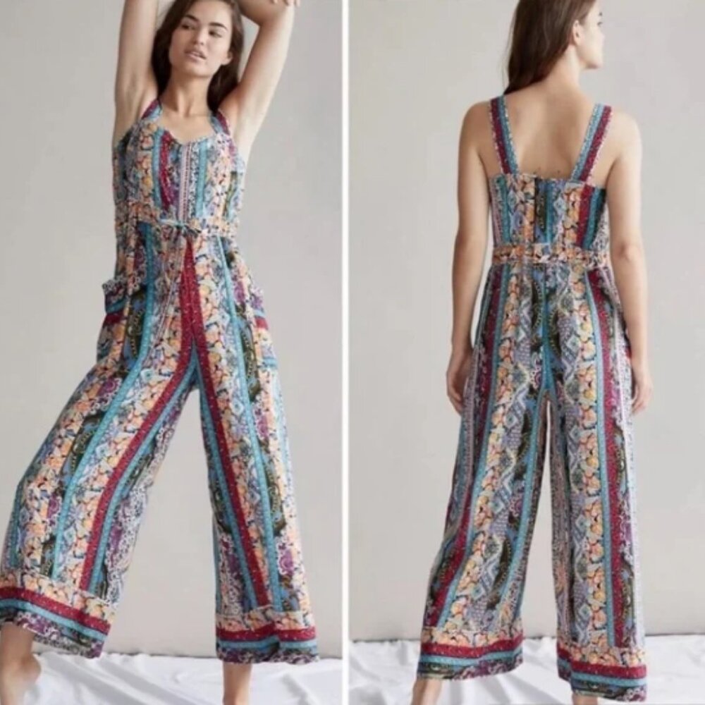 ANTHROPOLOGIE CALAIS TIE WAIST WIDE LEG JUMPSUIT